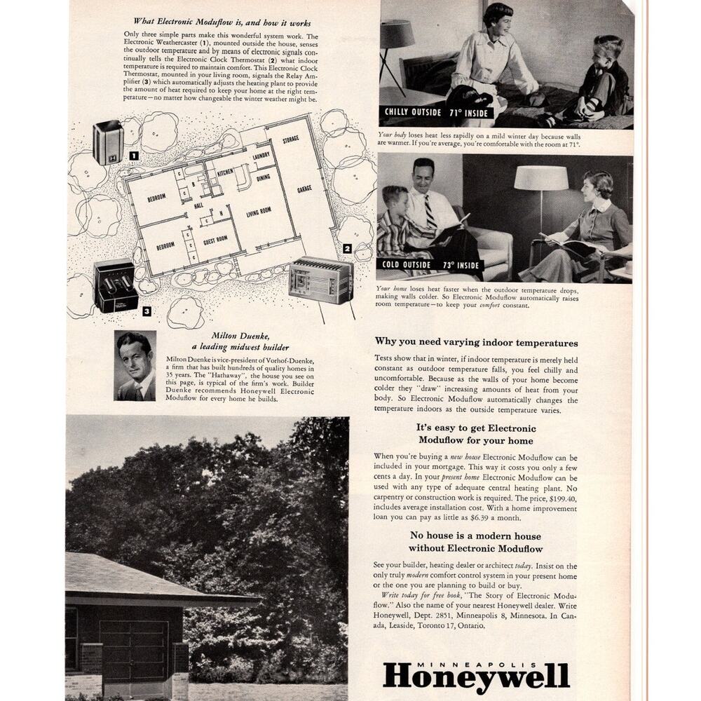 Honeywell Electronic Moduflow Heating System Advertisement 1954 Vintage B&W